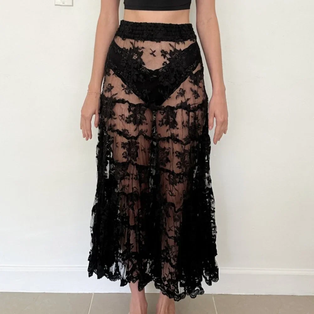 Sheer Black Lace Tiered Midi / Maxi Skirt XS - Picture 3 of 4